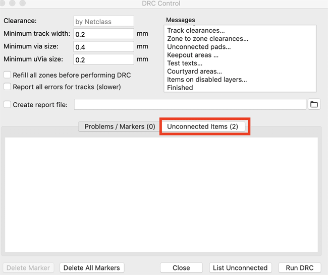 DRC Control window in KiCad